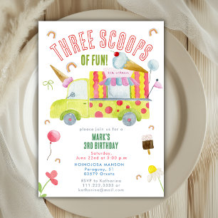 Three Scoops Of Fun Ice Cream Truck 3rd Birthday  Invitation