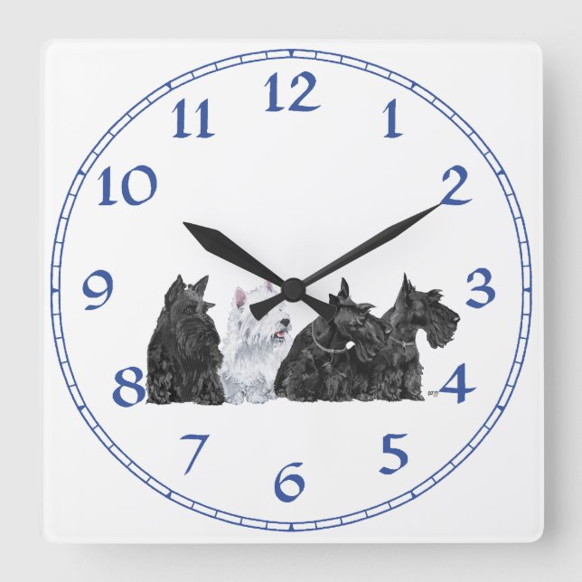 Three Scotties & a Westie Square Wall Clock (Front)