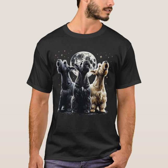 Three Scottish Terriers Howling at Moon Like T-Shirt (Front)