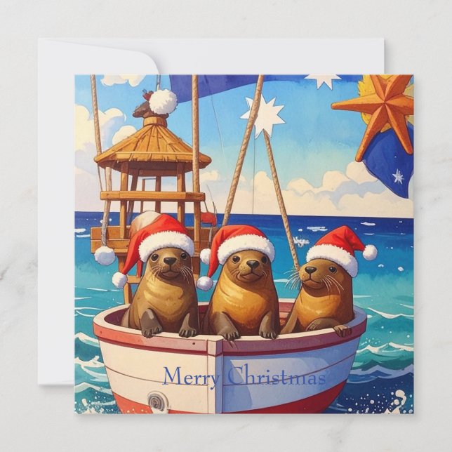 Three Seals with Santa hats Merry Christmas Holiday Card (Front)