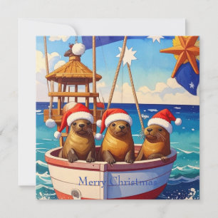 Three Seals with Santa hats Merry Christmas Holiday Card