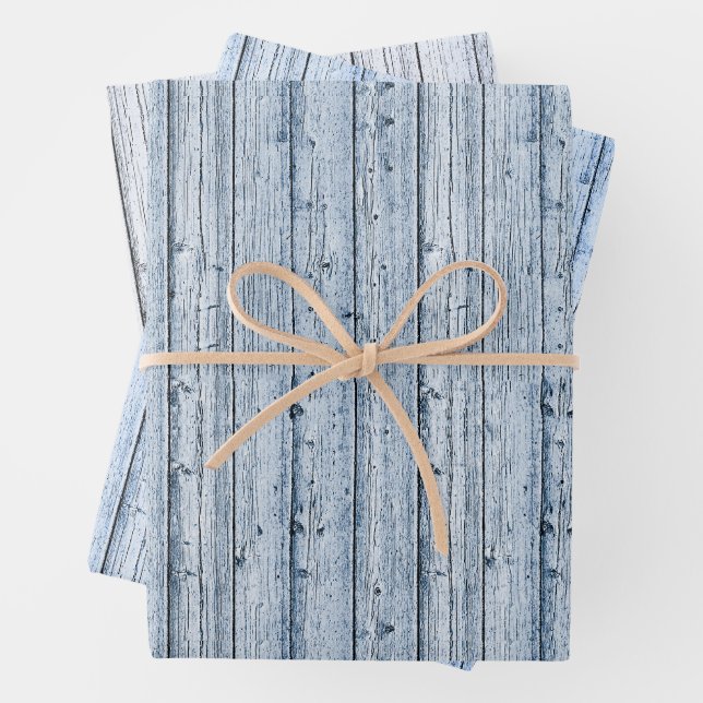 Three Shades of Blue Knotty Wood  Wrapping Paper Sheet (In situ)