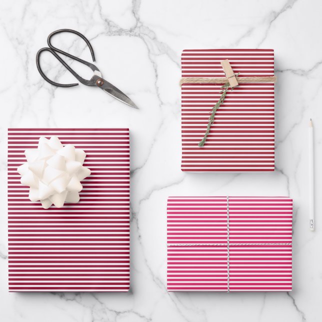 Three Shades Red Stripes Wrapping Paper Sheet (Front)