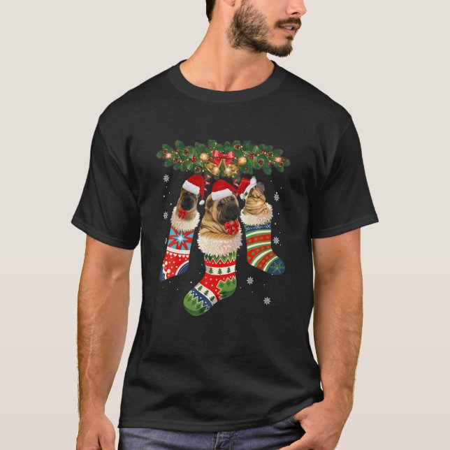Three Shar Pei In Sock Christmas Santa X-Mas Dog T-Shirt (Front)