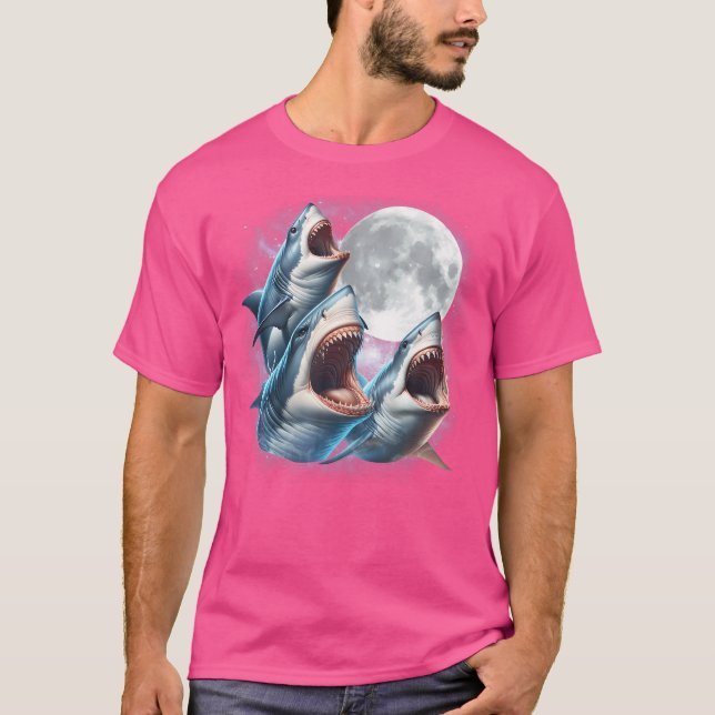 Three Sharks Moon Funny Shark Howling Wolfs Moon P T-Shirt (Front)