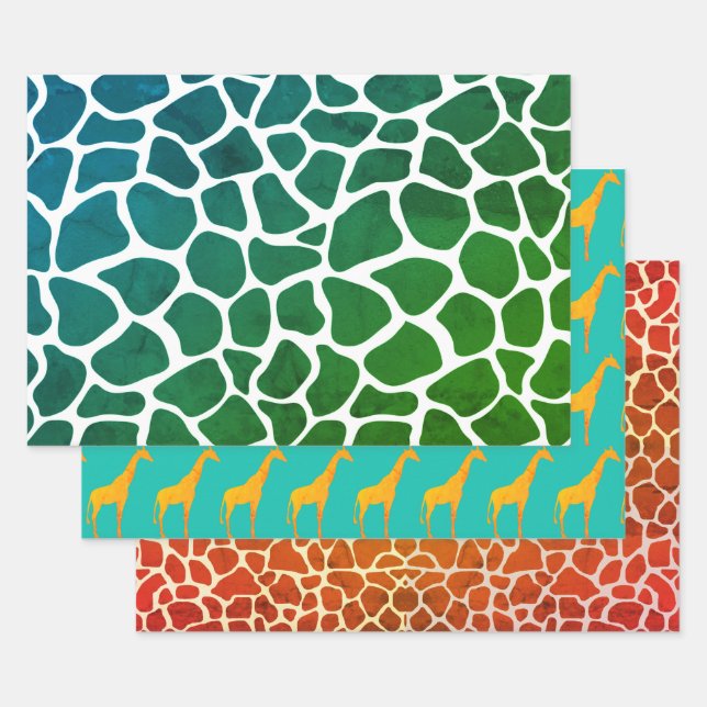 Three Sheets Of Wrapping Paper Multi Giraffe Print (Set)