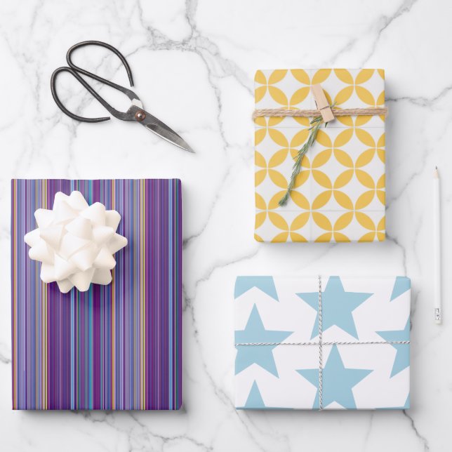 Three Sheets Wrapping Paper - Stripes Petals Stars (Front)
