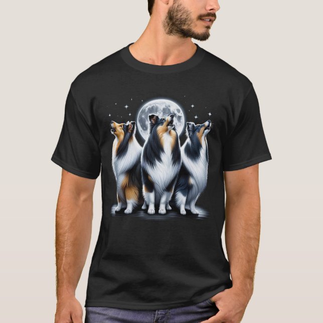 Three Shetland Sheepdogs Howling at Moon Like T-Shirt (Front)