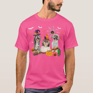 Three Shih Tzu Dogs Witch Halloween Mummy Scary Pu T-Shirt