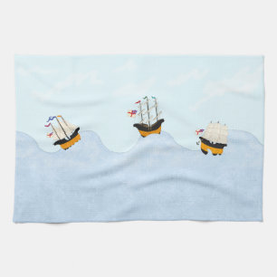 Three Ships Sailing on the Rolling Sea Nautical Tea Towel