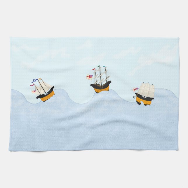 Three Ships Sailing on the Rolling Sea Nautical Tea Towel (Horizontal)