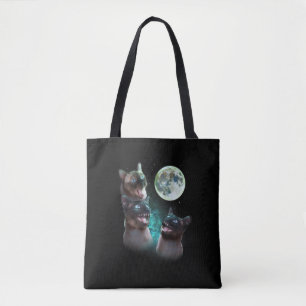Three Siamese Cats Howl At The Moon Funny Hallowee Tote Bag