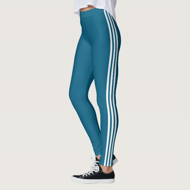 Three Side White Stripes Blue Leggings Your Colour (Left)