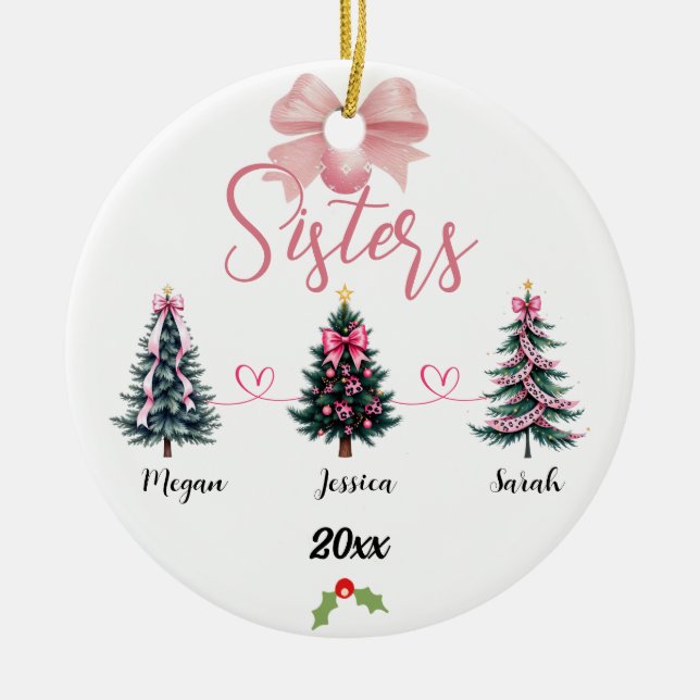 Three Sisters Christmas Tree With Custom names Ceramic Tree Decoration (Front)