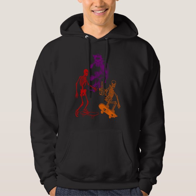 Three Skeletons Skateboarding Halloween Skateboard Hoodie (Front)