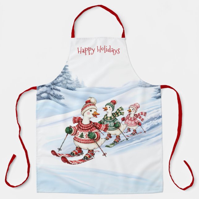 Three Skiing Ducks Holiday Apron (Front)