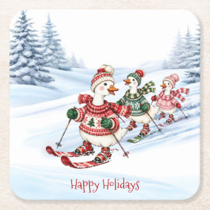 Three Skiing Ducks Holiday Square Paper Coaster