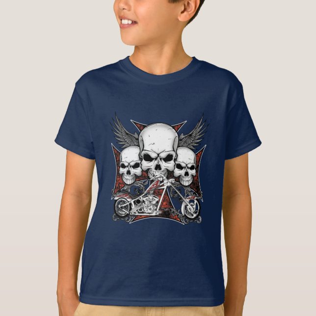 Three Skull with Red Chopper Motorcycle Boy  T-Shi T-Shirt (Front)