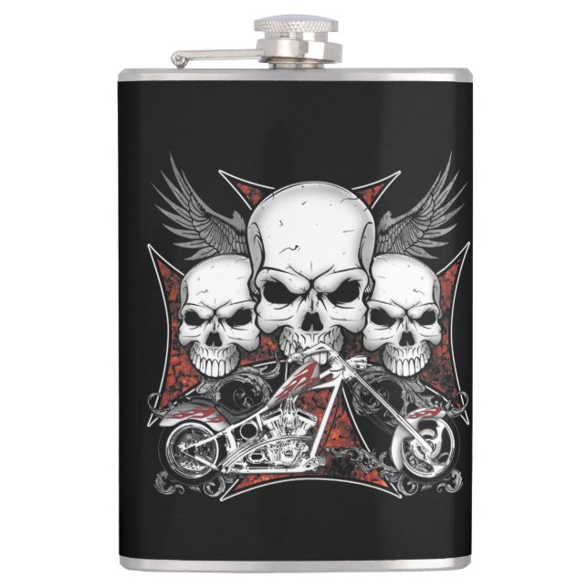 Three Skull with Red Chopper Motorcycle   Hip Flask (Front)