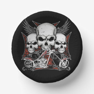 Three Skull with Red Chopper Motorcycle Paper Plate