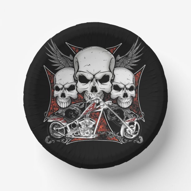 Three Skull with Red Chopper Motorcycle  Paper Plate (Front)