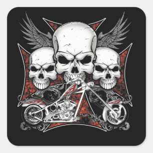 Three Skull with Red Chopper Motorcycle    Square Sticker