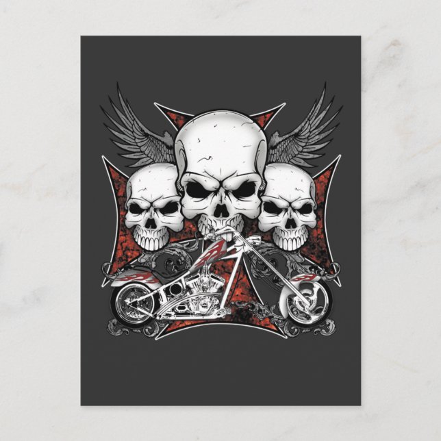 Three Skulls with Red Chopper Motorcycle Invitation Postcard (Front)