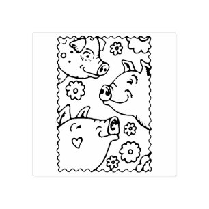 THREE SMILING PIGS, FARM FAMILY, HAPPY BARNYARD RUBBER STAMP
