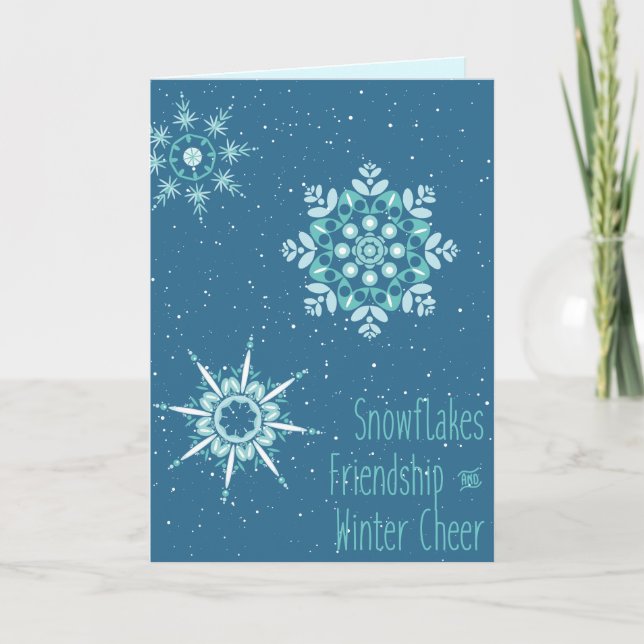 Three Snowflakes, Friendship and Winter Cheer Holiday Card (Front)