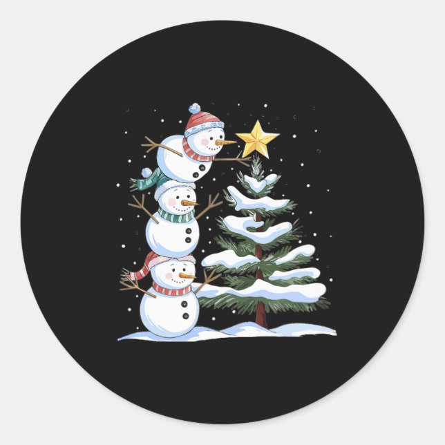 Three Snowmen Are Arranging A Christmas Tree Cute  Classic Round Sticker (Front)