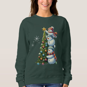 Three Snowmen Christmas Tree Cute Winter Scene Sweatshirt