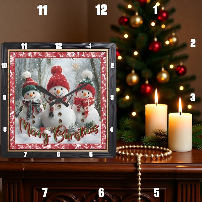 Three Snowmen Merry Christmas Square Wall Clock (Creator Uploaded)