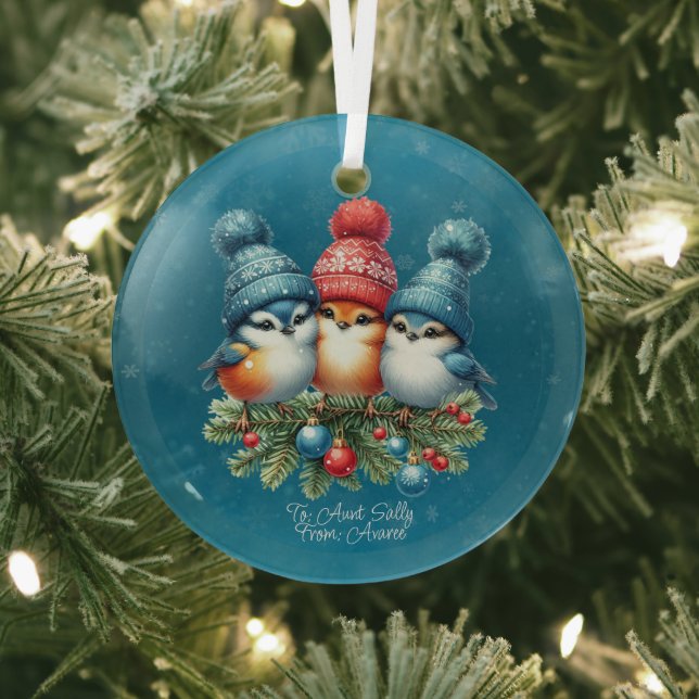 Three Songbirds In Red Blue Hats Glass Tree Decoration (Insitu)