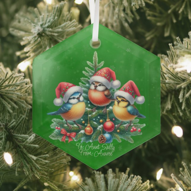 Three Songbirds In Red  Hats Glass Tree Decoration (Insitu)