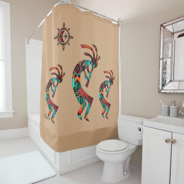 Three Southwest Kokopelli Shower Curtain (In Situ)