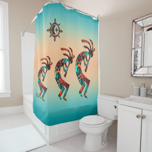 Three Southwest Kokopelli Shower Curtain (In Situ)