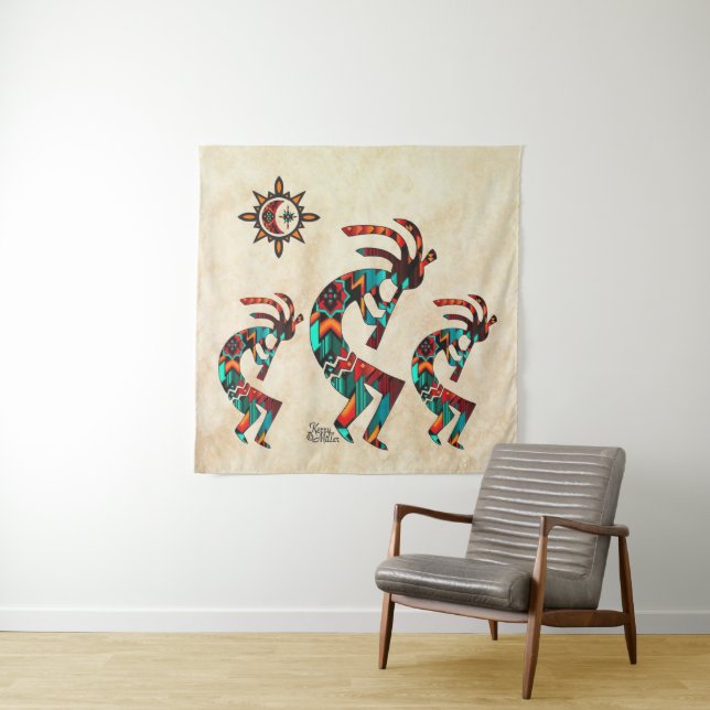 Three Southwest Kokopelli Tapestry (In Situ)