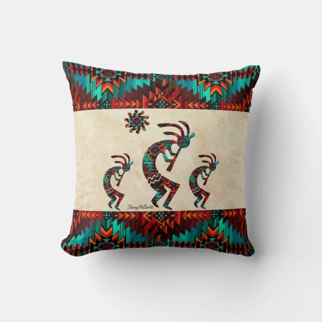 Three Southwest Kokopelli Throw Pillow (Front)