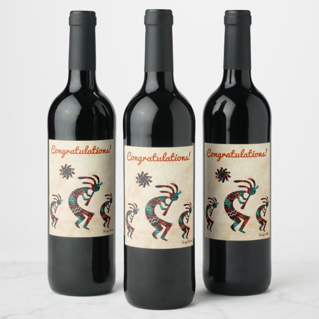 Three Southwest Kokopelli  Wine Label (Bottles)