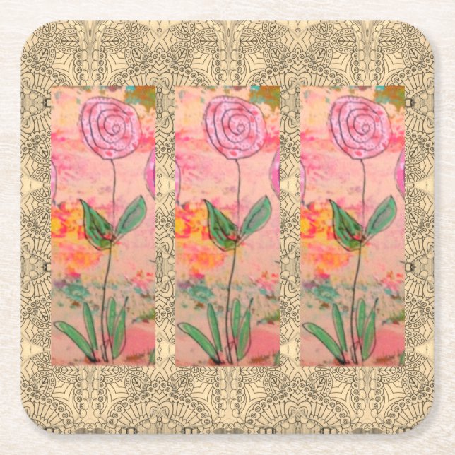 Three Spiral Flowers Square Paper Coaster (Front)