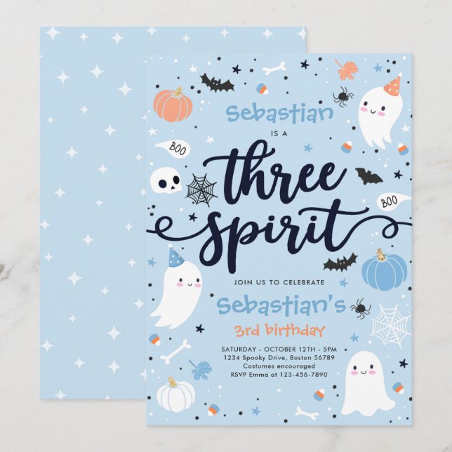 Three Spirit Cute Halloween Ghost 3rd Birthday Invitation (Front/Back)