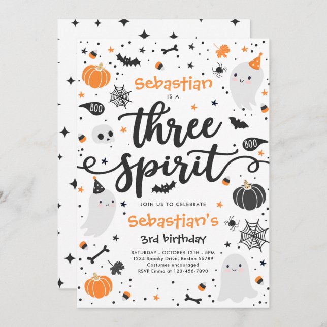 Three Spirit Cute Halloween Ghost 3rd Birthday Invitation (Front/Back)