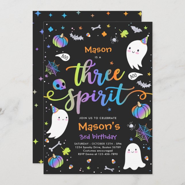 Three Spirit Cute Halloween Ghost 3rd Birthday Invitation (Front/Back)
