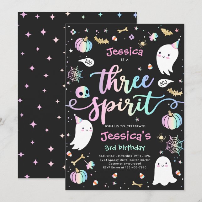 Three Spirit Cute Halloween Ghost 3rd Birthday Invitation (Front/Back)