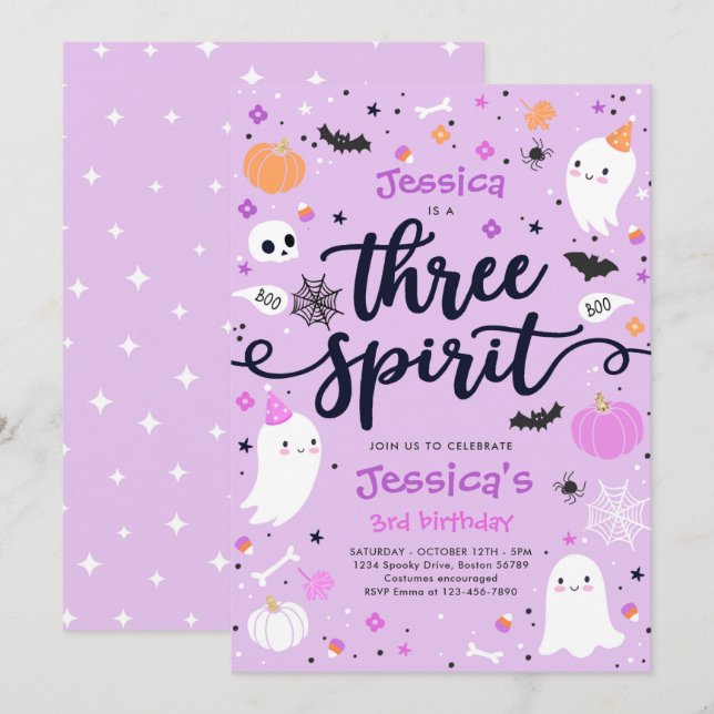 Three Spirit Cute Halloween Ghost 3rd Birthday Invitation (Front/Back)