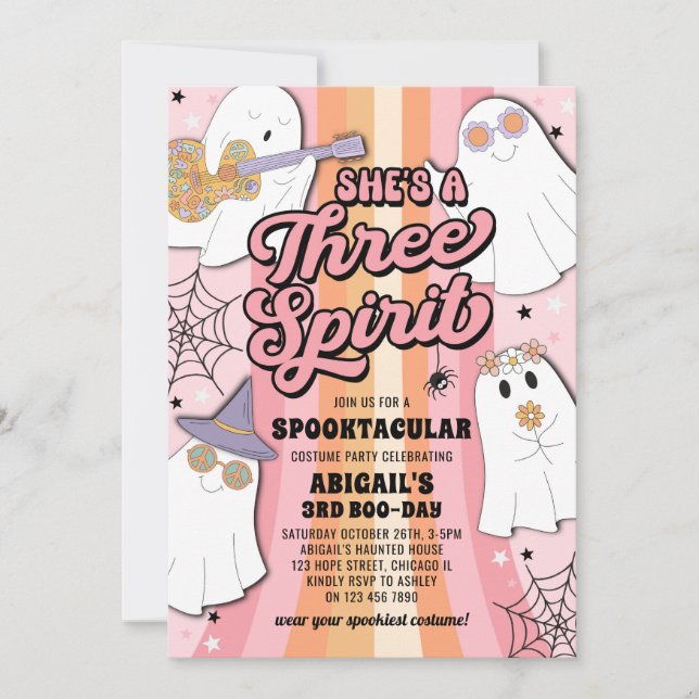 Three Spirit Groovy Halloween Third Birthday Party Invitation (Front)