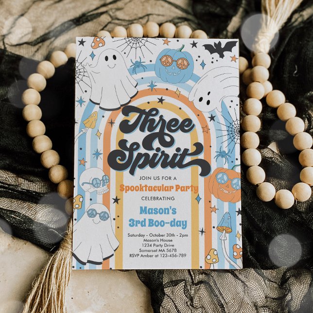 Three Spirit Halloween Groovy Ghost 3rd Birthday Invitation (Creator Uploaded)