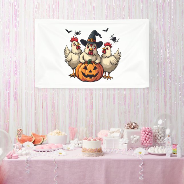 Three Spooky Halloween Chickens Farmer Fall Witch Banner (Party)