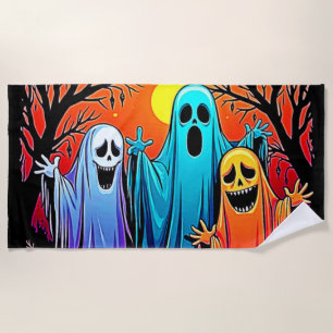 Three Spooky Halloween Ghosts Design Beach Towel