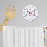 Three Spotted Giraffes Purple Heart Kids Large Clock<br><div class="desc">A trio of cute spotted giraffe images in teal green, pink, and lavender are at the center of this nursery or kids' clock. Matching purple numbers are at the 12, 3, 6, and 9 positions, with little hearts at the rest of the positions. The images are placed on a white...</div>